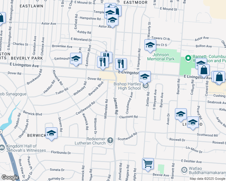 map of restaurants, bars, coffee shops, grocery stores, and more near 1263 South James Road in Columbus
