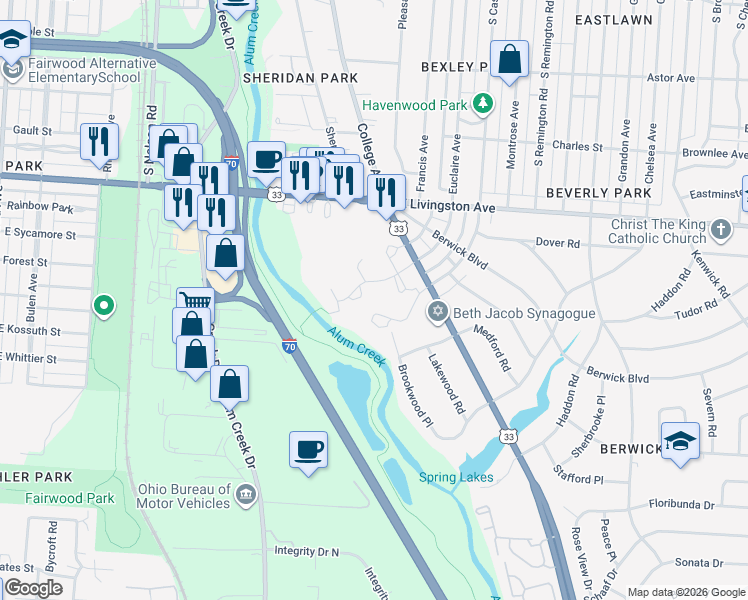 map of restaurants, bars, coffee shops, grocery stores, and more near 1151 College Avenue in Columbus