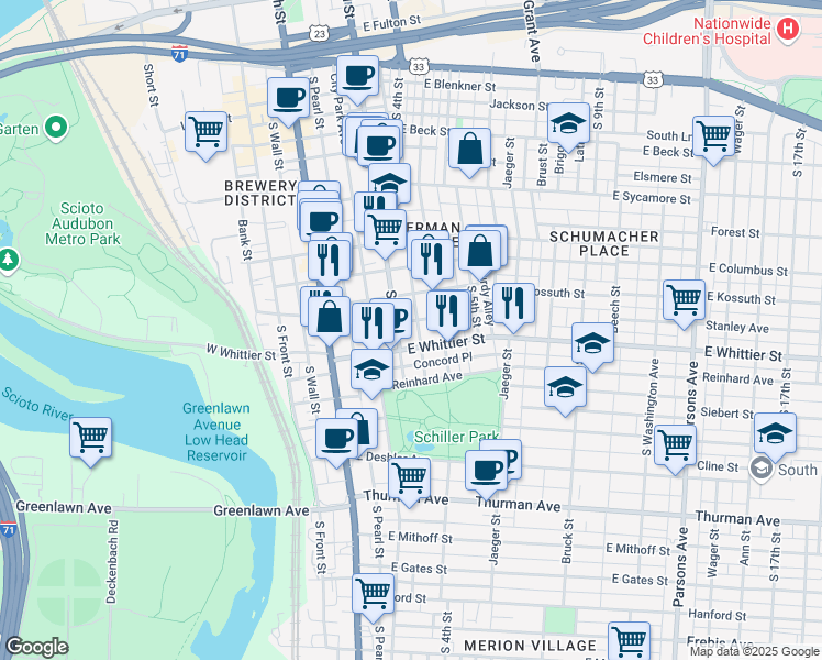 map of restaurants, bars, coffee shops, grocery stores, and more near 131 Lansing Street in Columbus