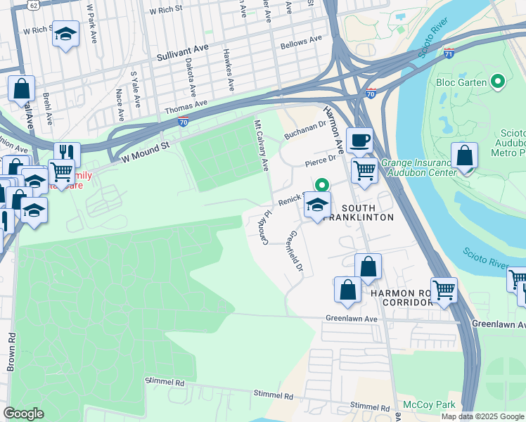 map of restaurants, bars, coffee shops, grocery stores, and more near 713 Canonby Place in Columbus