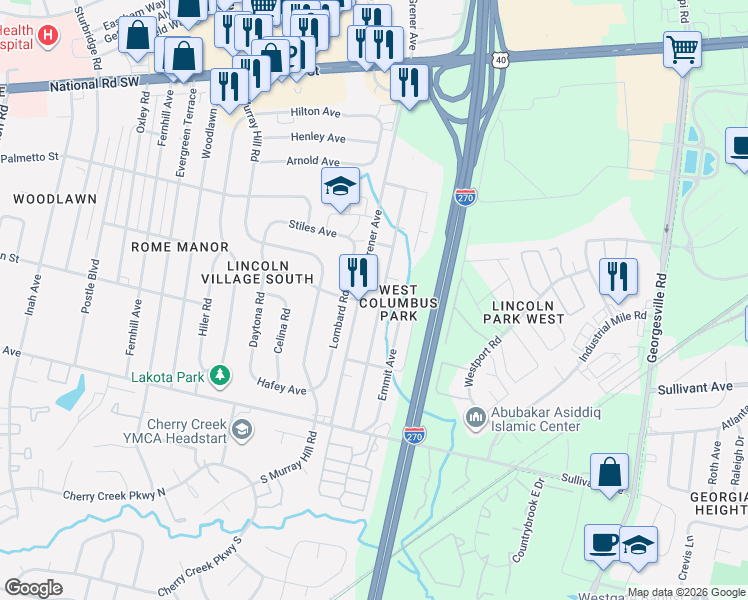 map of restaurants, bars, coffee shops, grocery stores, and more near 370 South Grener Avenue in Columbus