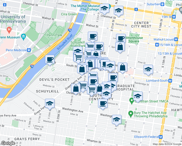 map of restaurants, bars, coffee shops, grocery stores, and more near 2224 Kater Street in Philadelphia