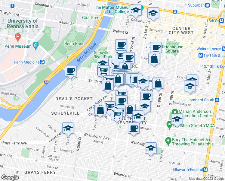 map of restaurants, bars, coffee shops, grocery stores, and more near Grays Ferry Ave & S 23rd St in Philadelphia