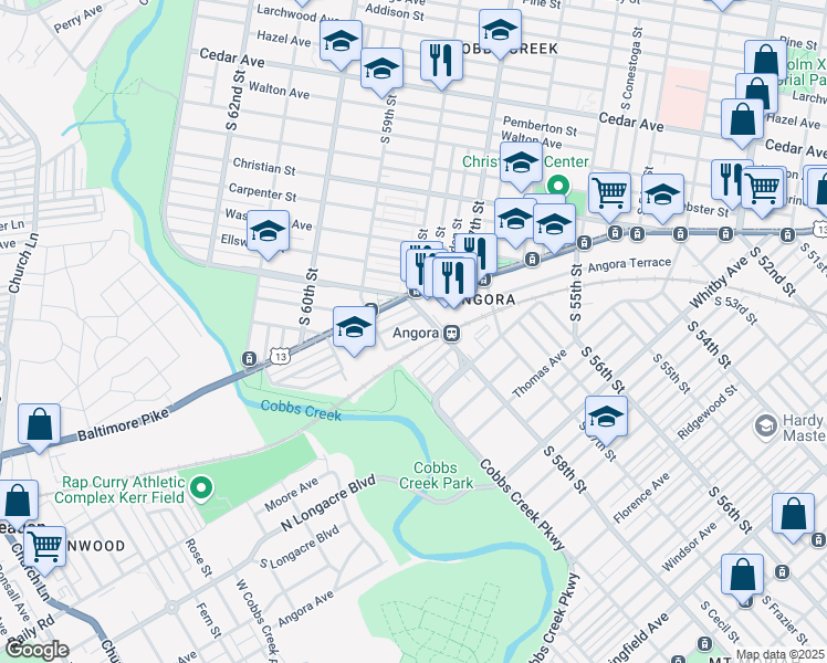 map of restaurants, bars, coffee shops, grocery stores, and more near 5823 Angora Terrace in Philadelphia