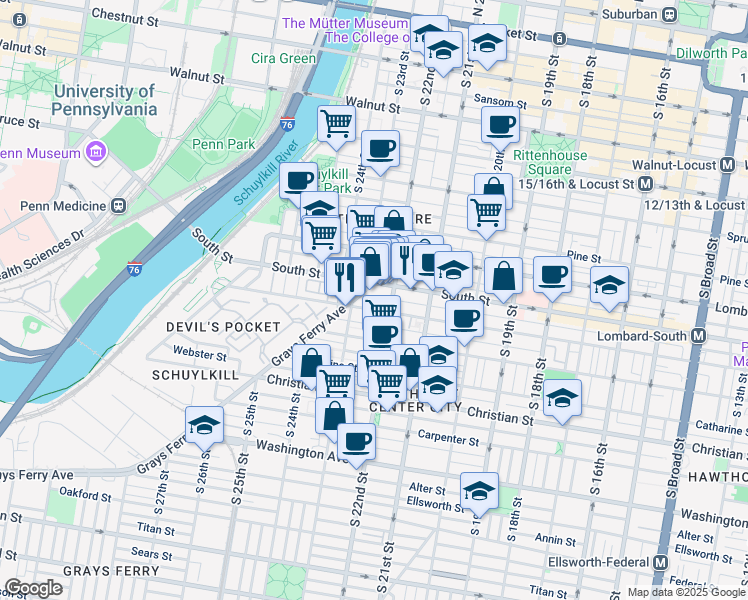 map of restaurants, bars, coffee shops, grocery stores, and more near 2224 Kater Street in Philadelphia