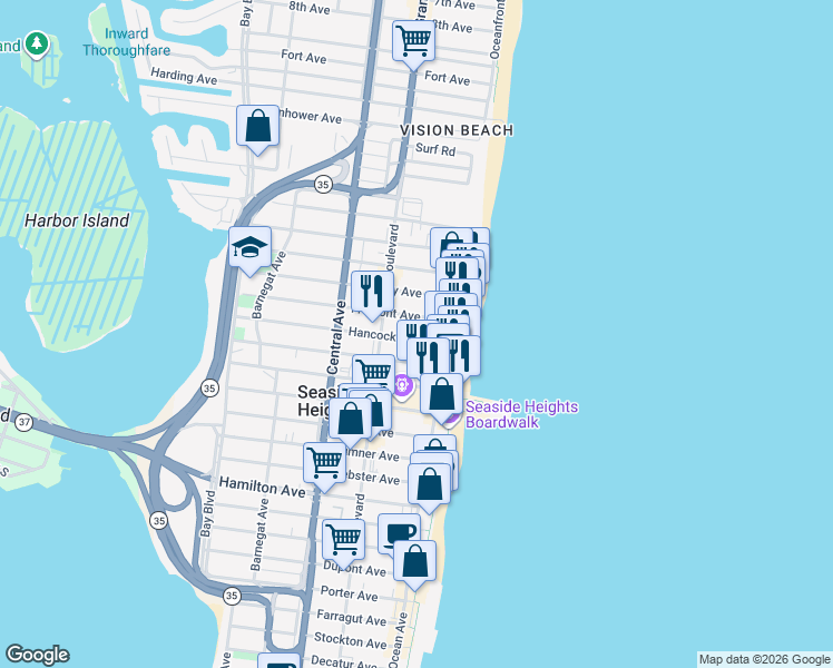 map of restaurants, bars, coffee shops, grocery stores, and more near 35 Fremont Avenue in Seaside Heights