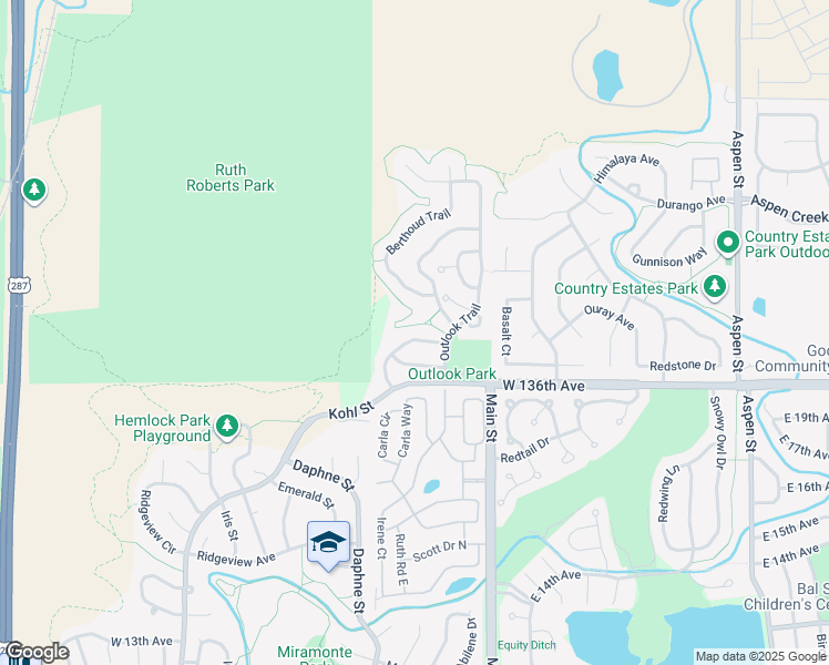 map of restaurants, bars, coffee shops, grocery stores, and more near 223 Powderhorn Trail in Broomfield
