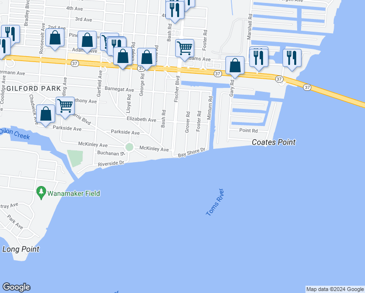 map of restaurants, bars, coffee shops, grocery stores, and more near 228 Grover Road in Toms River