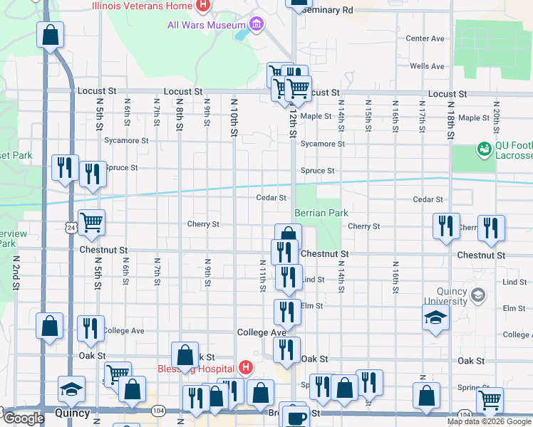 map of restaurants, bars, coffee shops, grocery stores, and more near 1126 North 11th Street in Quincy