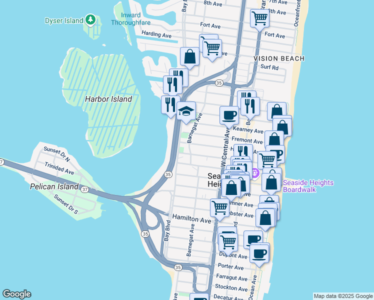 map of restaurants, bars, coffee shops, grocery stores, and more near 271 Hancock Avenue in Seaside Heights