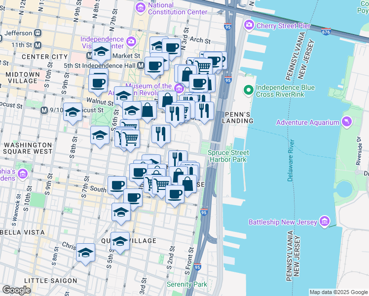 map of restaurants, bars, coffee shops, grocery stores, and more near 220 Locust Street in Philadelphia