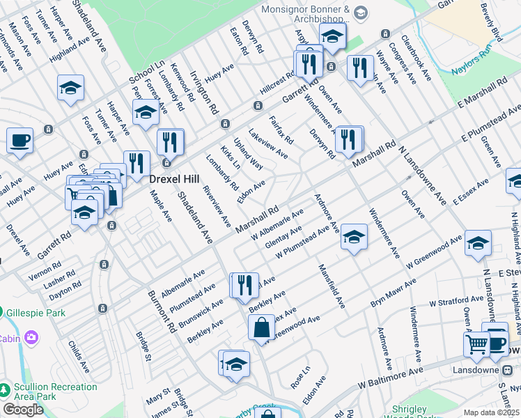 map of restaurants, bars, coffee shops, grocery stores, and more near 307 Upland Way in Drexel Hill