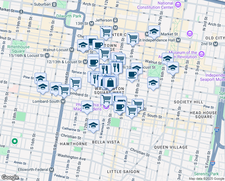 map of restaurants, bars, coffee shops, grocery stores, and more near 1001 Pine Street in Philadelphia