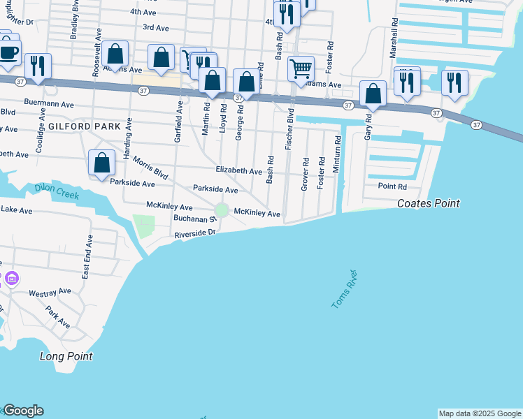 map of restaurants, bars, coffee shops, grocery stores, and more near 231 Bash Road in Toms River