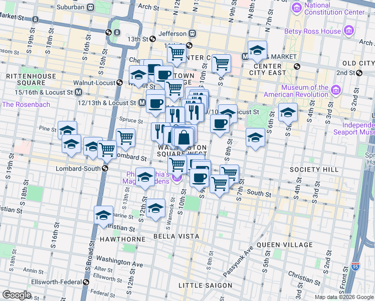 map of restaurants, bars, coffee shops, grocery stores, and more near 1001 Pine Street in Philadelphia