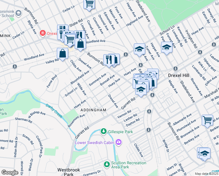 map of restaurants, bars, coffee shops, grocery stores, and more near 4028 Huey Avenue in Drexel Hill