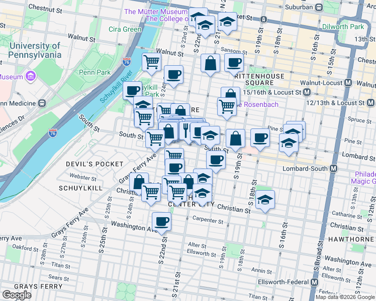 map of restaurants, bars, coffee shops, grocery stores, and more near in Philadelphia