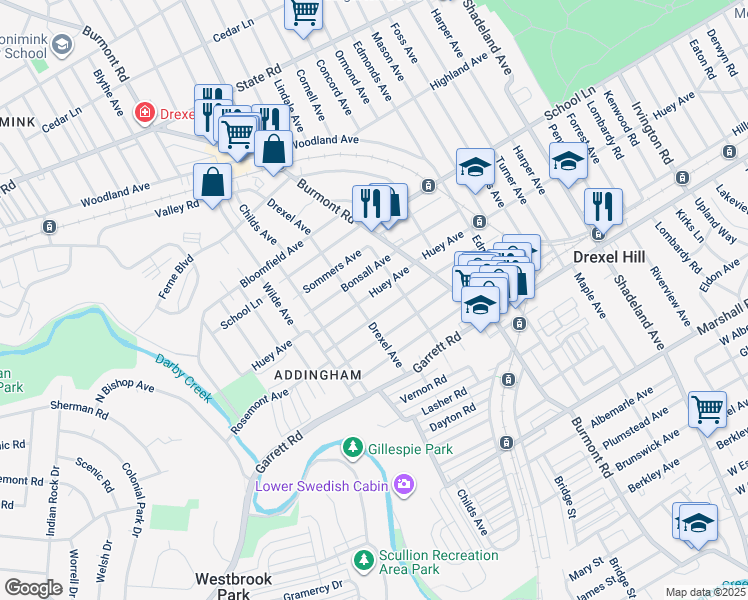 map of restaurants, bars, coffee shops, grocery stores, and more near 4028 Huey Avenue in Drexel Hill