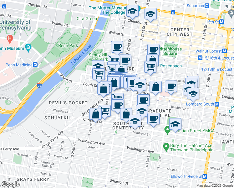 map of restaurants, bars, coffee shops, grocery stores, and more near 2216 Kater Street in Philadelphia
