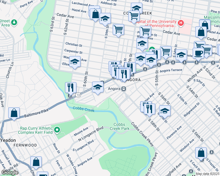 map of restaurants, bars, coffee shops, grocery stores, and more near 5830 Cedarhurst Street in Philadelphia