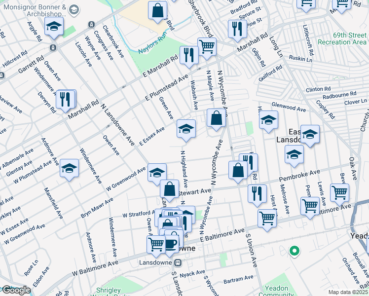 map of restaurants, bars, coffee shops, grocery stores, and more near 72 Clover Avenue in Lansdowne