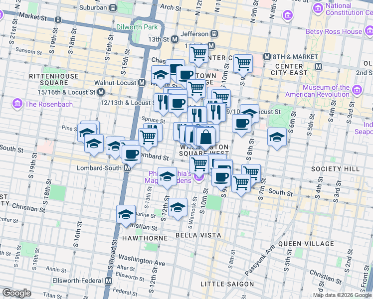 map of restaurants, bars, coffee shops, grocery stores, and more near 1112 Pine Street in Philadelphia