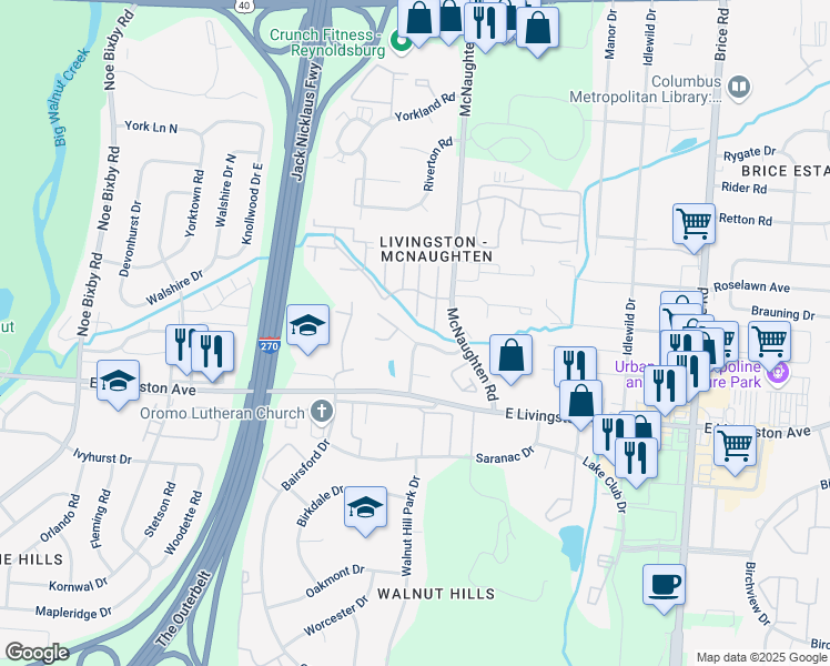 map of restaurants, bars, coffee shops, grocery stores, and more near 5942 Little Brook Way in Columbus