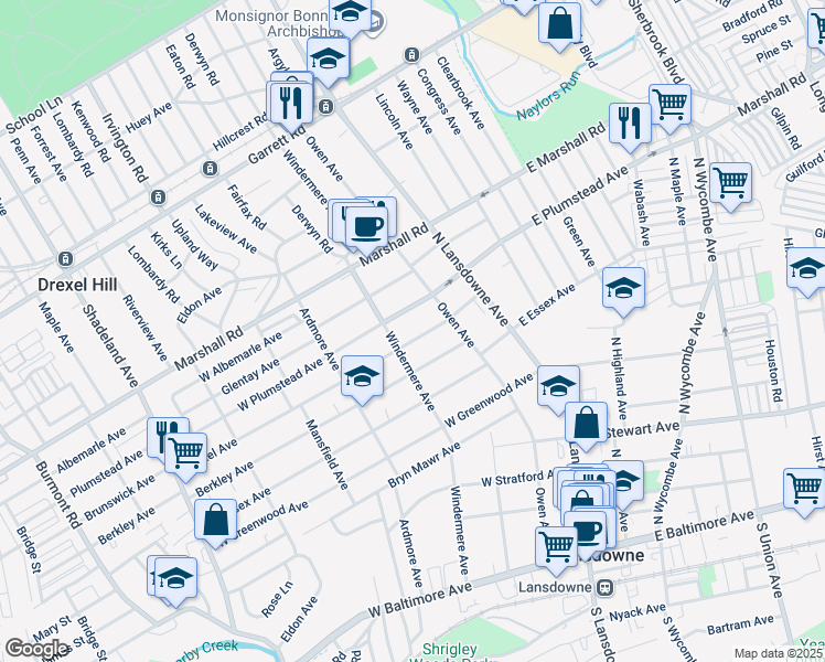 map of restaurants, bars, coffee shops, grocery stores, and more near 63 Drexel Avenue in Lansdowne
