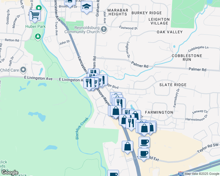map of restaurants, bars, coffee shops, grocery stores, and more near 1929 Opal Street in Reynoldsburg