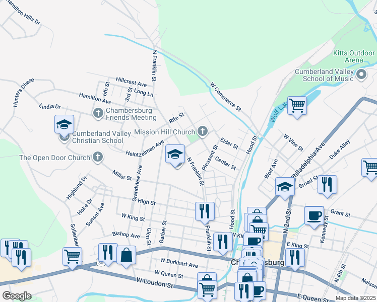 map of restaurants, bars, coffee shops, grocery stores, and more near 476 North Franklin Street in Chambersburg