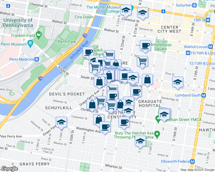 map of restaurants, bars, coffee shops, grocery stores, and more near 2238 Kater Street in Philadelphia