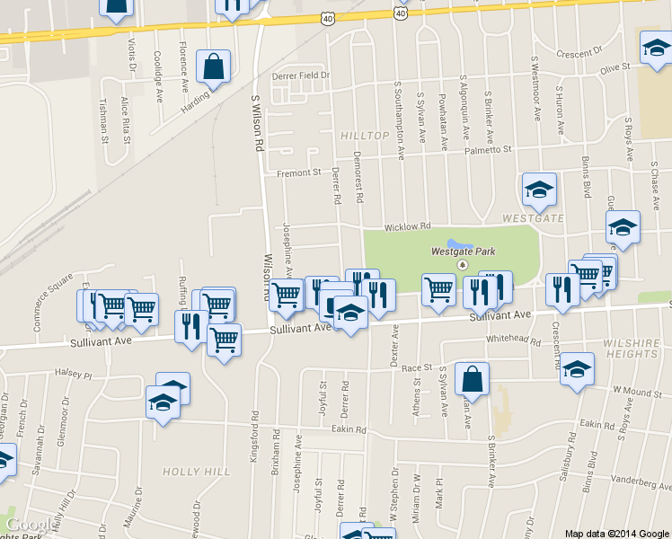 map of restaurants, bars, coffee shops, grocery stores, and more near 443 Derrer Rd in Columbus