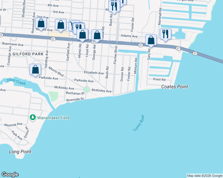 map of restaurants, bars, coffee shops, grocery stores, and more near 231 Bash Road in Toms River