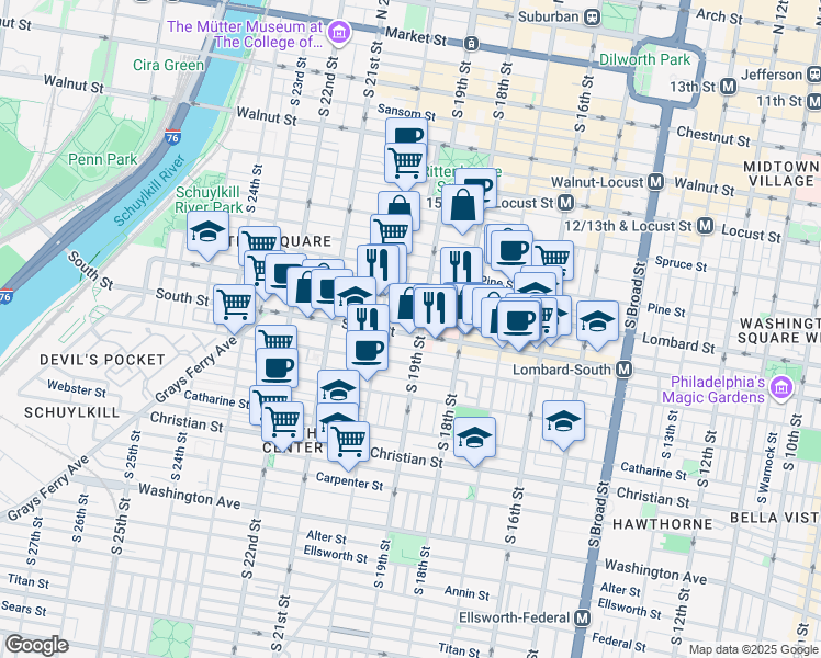 map of restaurants, bars, coffee shops, grocery stores, and more near 1908 Rodman Street in Philadelphia