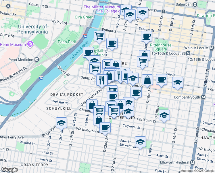 map of restaurants, bars, coffee shops, grocery stores, and more near 2238 Kater Street in Philadelphia