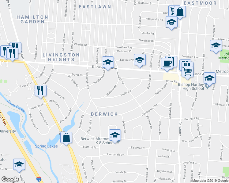 map of restaurants, bars, coffee shops, grocery stores, and more near 1222 Haddon Road in Columbus