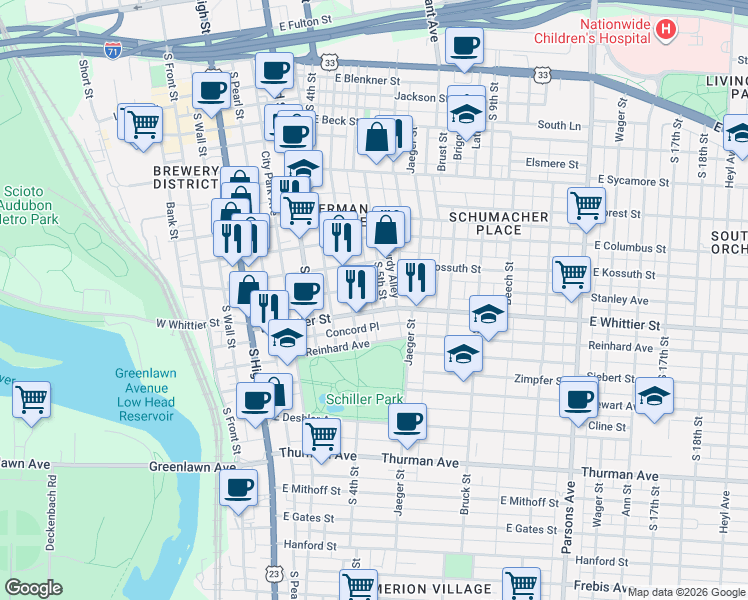 map of restaurants, bars, coffee shops, grocery stores, and more near 865 Macon Alley in Columbus