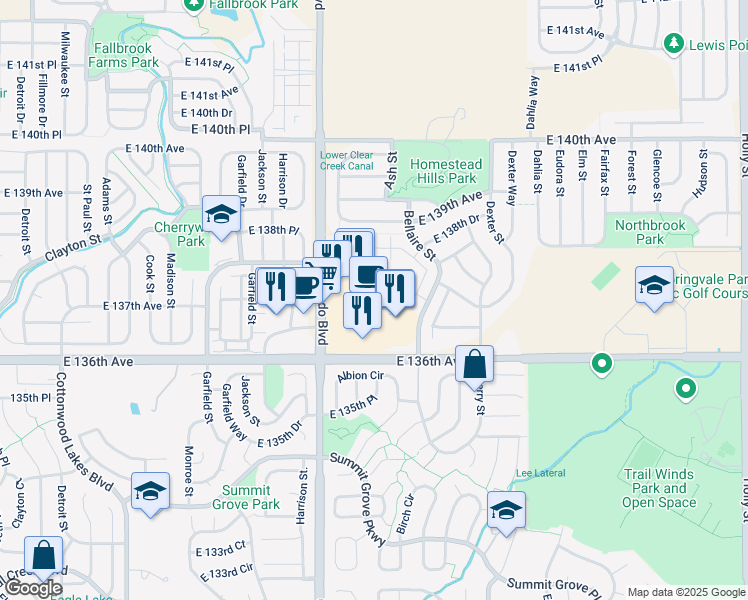 map of restaurants, bars, coffee shops, grocery stores, and more near 13762 Hilltop Village Parking Lot Road in Thornton