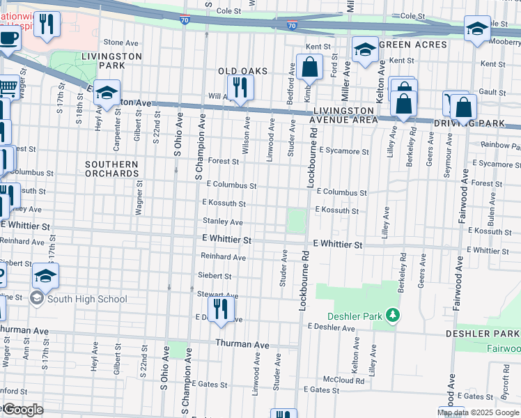 map of restaurants, bars, coffee shops, grocery stores, and more near 1019 Linwood Avenue in Columbus