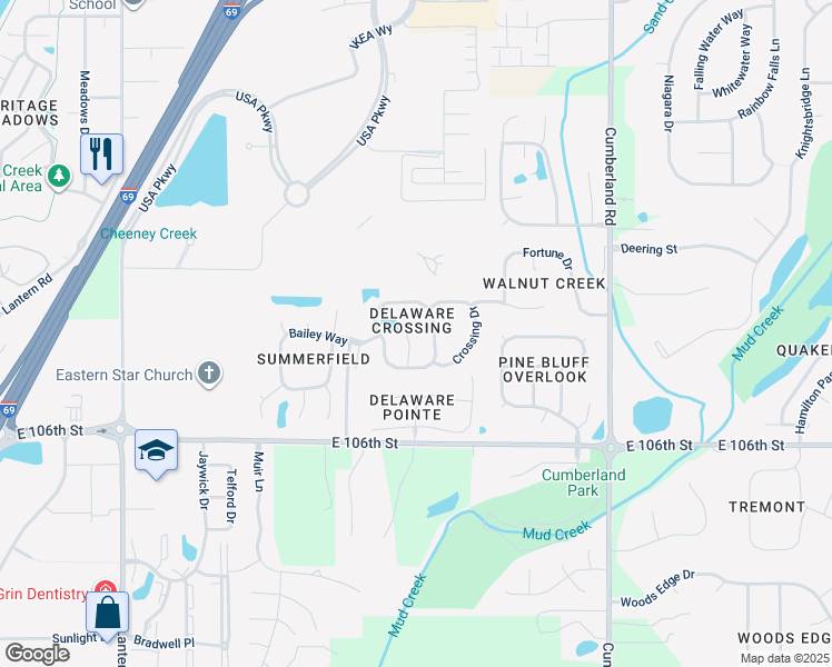 map of restaurants, bars, coffee shops, grocery stores, and more near 10794 Bay Lane in Fishers