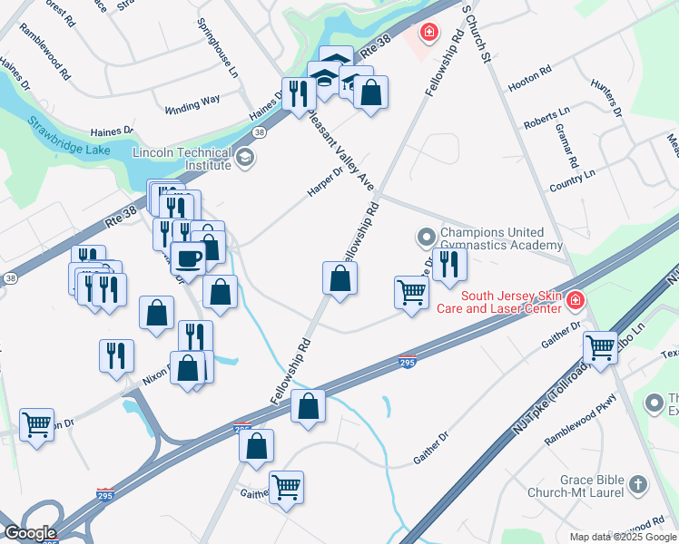 map of restaurants, bars, coffee shops, grocery stores, and more near 307 Fellowship Road in Mount Laurel