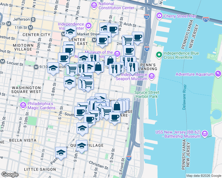 map of restaurants, bars, coffee shops, grocery stores, and more near 304 Spruce Street in Philadelphia