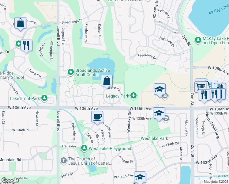 map of restaurants, bars, coffee shops, grocery stores, and more near 13653 Parkview Place in Broomfield