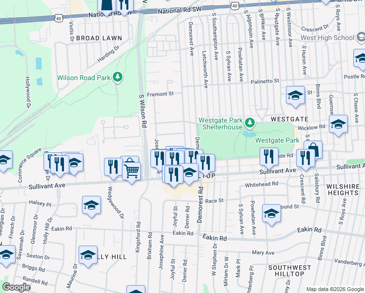 map of restaurants, bars, coffee shops, grocery stores, and more near 443 Derrer Road in Columbus
