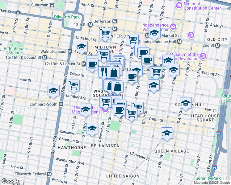 map of restaurants, bars, coffee shops, grocery stores, and more near 317 South 10th Street in Philadelphia