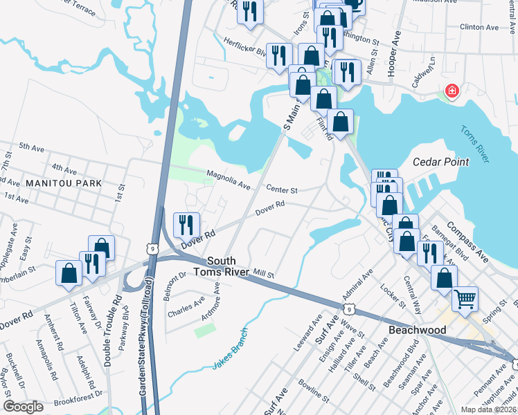 map of restaurants, bars, coffee shops, grocery stores, and more near 125 Dover Road in Toms River