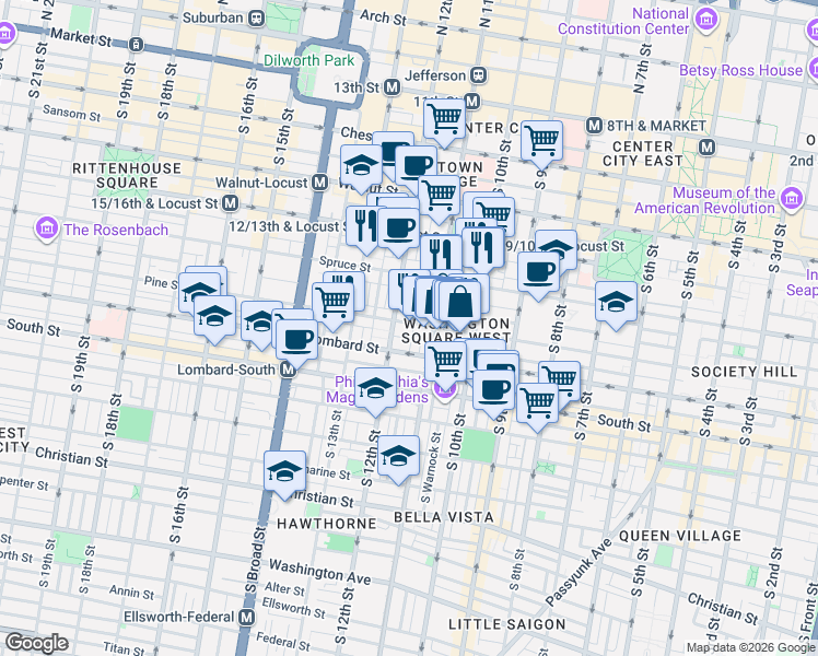 map of restaurants, bars, coffee shops, grocery stores, and more near 1120 Pine Street in Philadelphia
