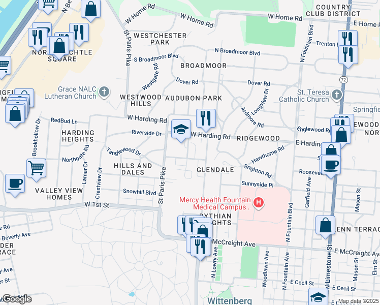 map of restaurants, bars, coffee shops, grocery stores, and more near 1610 North Yellow Springs Street in Springfield