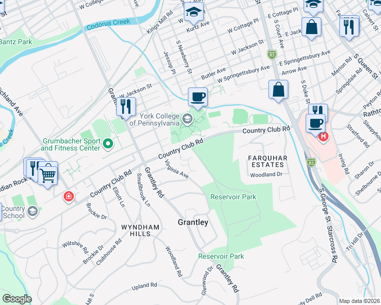 map of restaurants, bars, coffee shops, grocery stores, and more near 458 Country Club Rd in York