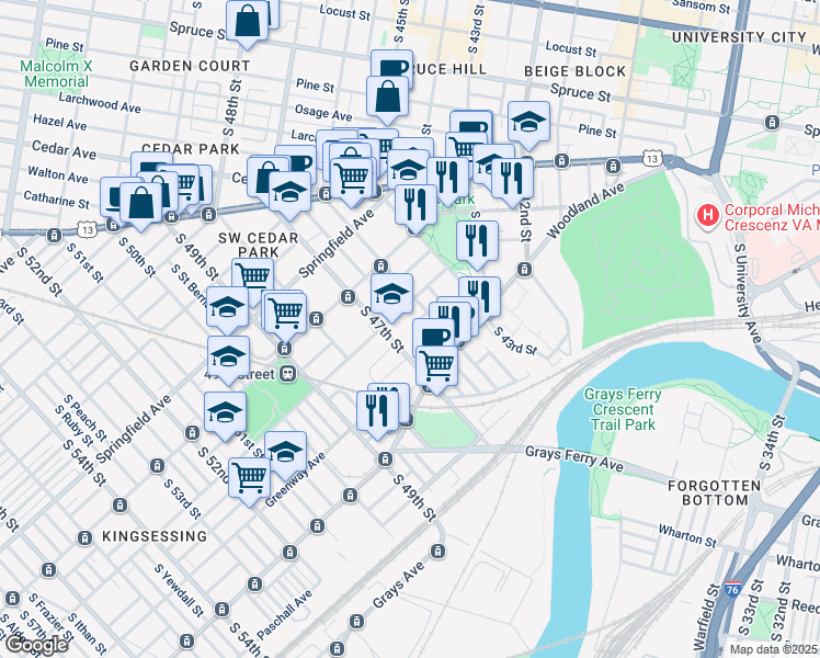 map of restaurants, bars, coffee shops, grocery stores, and more near 1208 South Markoe Street in Philadelphia
